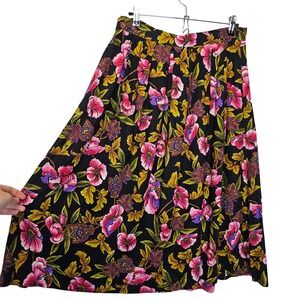 Diversity Vintage Floral Pink Gold Rayon 90s‎ Pockets Midi Skirt Size Medium